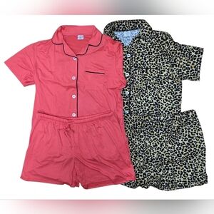 Women's Coral and Leopard Print Short Sleeves And Shorts Pj Sets Size XL